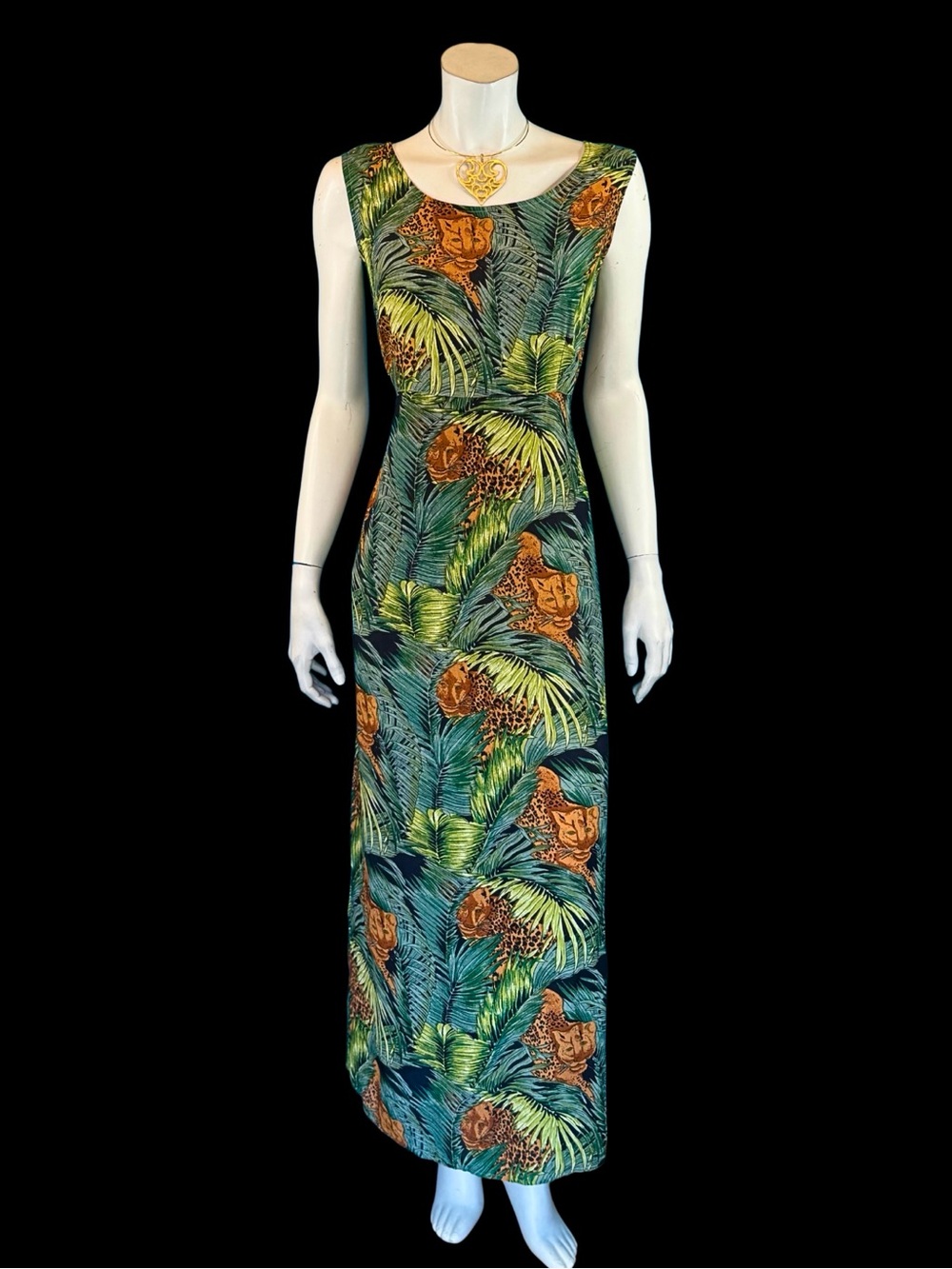 90s LEOPARD Animal Print Tropical Jungle Sleeveless Maxi Dress | L